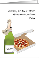 Dating Anniversary for Boyfriend Champagne and Pizza Custom card