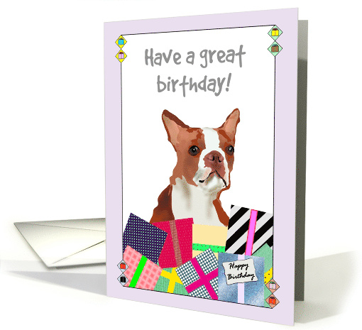 Birthday Red Boston Terrier and Colorful Presents card (1683494)