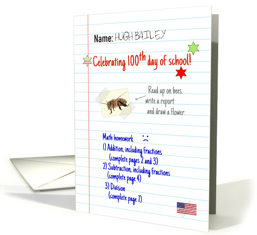 100th Day of School Homework Details on Blue Lined Paper Custom card
