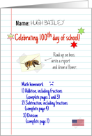 100th Day of School Homework Details on Blue Lined Paper Custom card