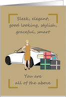 Birthday for Her Blonde Lady Standing in Front of White Sports Car card