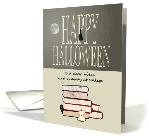 Halloween Niece Away at College Spider Web on Books Bat Full Moon card
