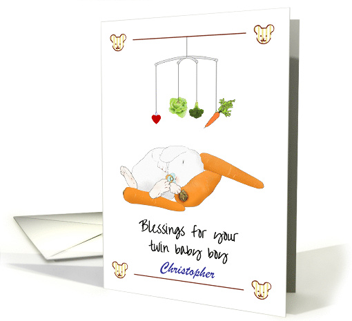 Blessings for Twin Baby Boy Bunny Asleep Leaning on Carrot card