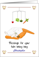 Blessings for Twin Baby Boy Bunny Asleep Leaning on Carrot card