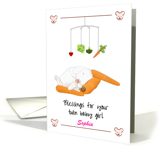 Blessings for Twin Baby Girl Bunny Asleep Leaning on Carrot card