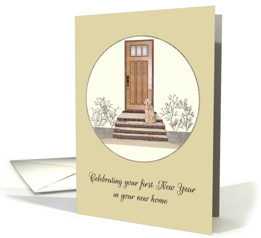 First New Year in New Home Dog Sitting on Steps Wooden Front Door card