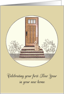 First New Year in New Home Dog Sitting on Steps Wooden Front Door card
