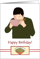 Eating Longevity Noodles on Birthday Man Enjoying Bowl of Noodles card