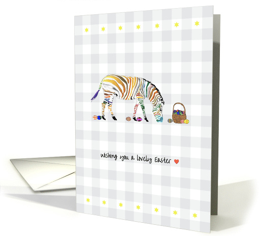 Zebra with Colorful Stripes Easter Eggs on Gingham Check Pattern card