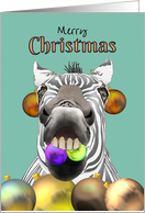 Christmas Zebra Wearing Bauble Earrings card
