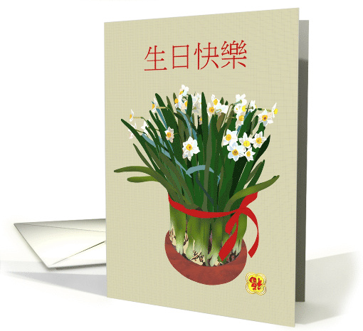 Birthday in Chinese Flowering Narcissi Tied with Deep Pink Ribbon card