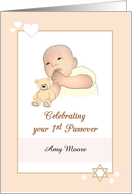 Baby Girl First Passover Happy Baby and Teddy Bear Custom card