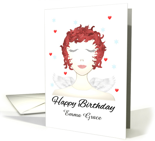 Custom Name Birthday Greeting Red Curly Hair Little Wings Angel card