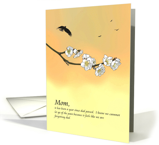 For Mom 1st Anniversary Dad Passing Birds Flying Orange Dawn Sky card