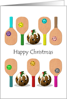 Pickleball Shaped Puddings Colored Paddles And Balls Christmas card