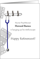 Retirement Male Nurse Practitioner Hanging Up Stethoscope card