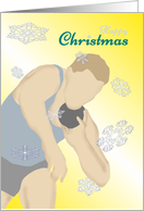 Christmas Track And Field Athlete Putting A Shot Snowflakes On Yellow card