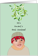 Latin American Baby’s First Christmas Mistletoe Hanging Above Baby card