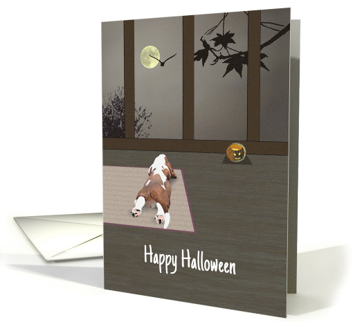 Halloween Basset Hound Watching Owl In Flight Against Moon card