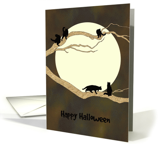 Halloween Black Cats Climbing On Tree Branches Full Moon card