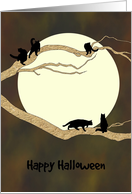 Halloween Black Cats Climbing On Tree Branches Full Moon card