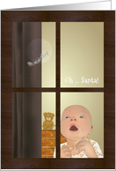 First Christmas Baby Looking Out Of Window Sees Santa Against Moon card