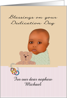 African American Baby And Teddy Bear Dedication Day For Nephew card