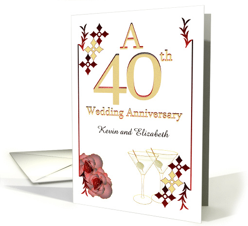 Custom 40th Ruby Wedding Anniversary Dry Martini And Red Roses card