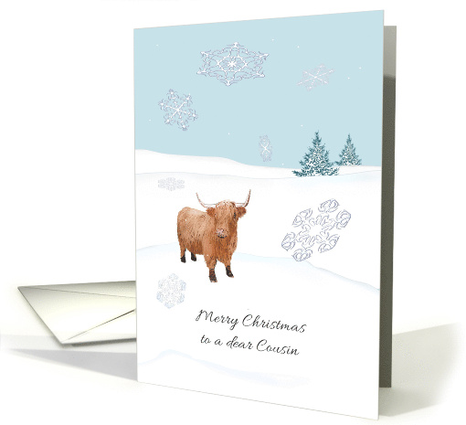Christmas For Cousin Highland Cow In Open Country Snowing card