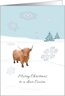 Christmas For Cousin Highland Cow In Open Country Snowing card