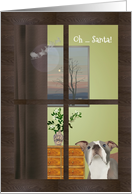 Pet Dog Looking Out Of Window Sees Santa Against Moon Christmas card