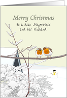 Christmas Stepmother and Husband Red Robins Snowman Snow Scene card