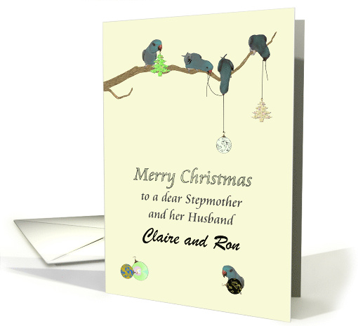 Christmas Stepmother and Husband Cute Parrots Decorating Branch card