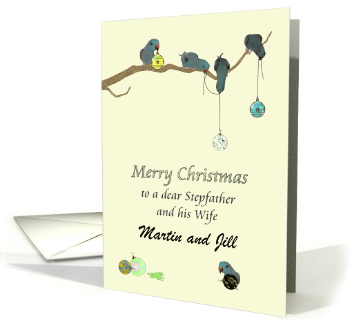 Christmas Stepfather and Wife Cute Parrots Decorating Branch card