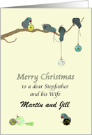 Christmas Stepfather and Wife Cute Parrots Decorating Branch card