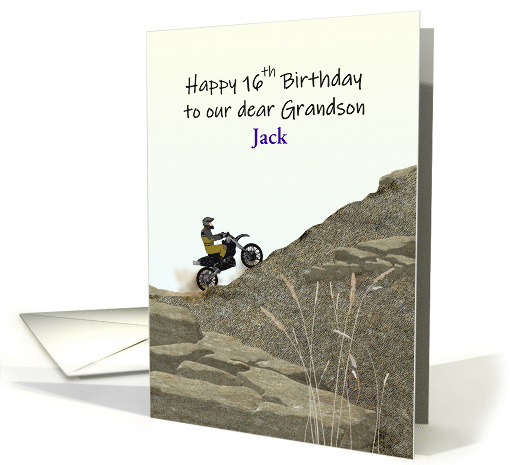 Custom Name 16th Birthday Grandson Riding Dirt Bike Rocky Terrain card