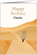 Custom Name Birthday for Him Young Man Lone Cyclist in Open Landscape card