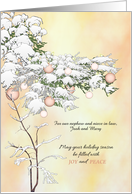 Christmas Greetings Snow on Decorated Fir Branches Custom Relation card