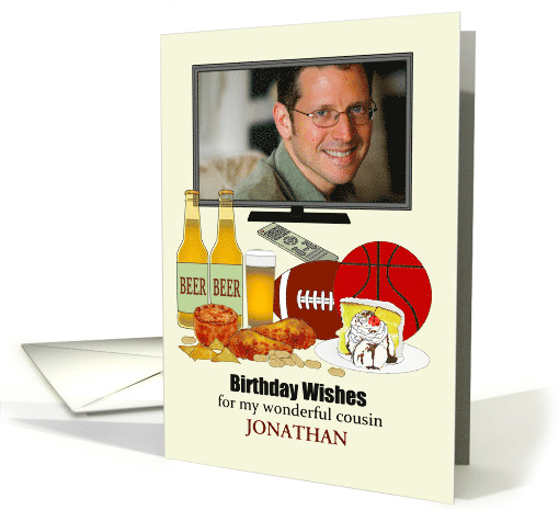 Custom Photo Birthday Male Cousin TV Beer and Delicious Snacks card