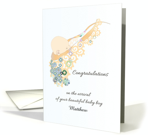 New Baby Boy Wrapped in Abstract Colorful Blanket Custom Name card