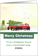 Christmas Female Firefighter Fire Team and Truck Carrying Holiday Tree card