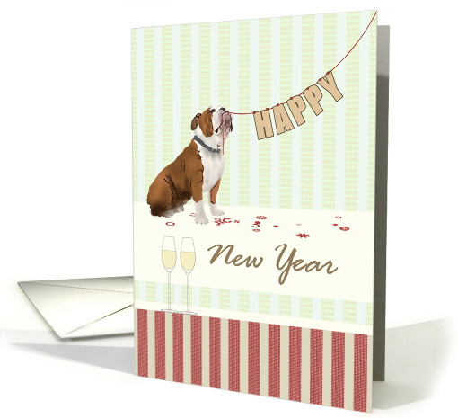 Bulldog Holding String with Word HAPPY Champagne New Year card