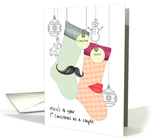 First Christmas as a Couple Stockings with Moustache and Red Lips card