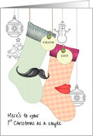 First Christmas as a Couple Stockings with Moustache and Red Lips card