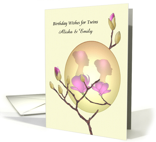 Birthday for Twins Ladies Silhouette Pink Magnolia Blooms Custom card