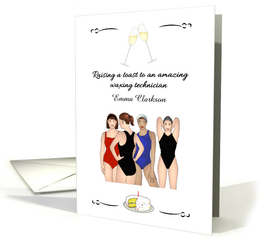 Birthday Waxing Technician Ladies in Swimwear Cake and Champagne card