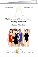 Birthday Waxing Technician Ladies in Swimwear Cake and Champagne card