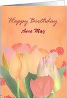 Custom Name Birthday Tulips and Foliage in Peachy Color Shades card