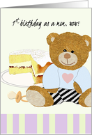 First Birthday as Mom Teddy and Pacifier Beside Cake with Sprinkles card
