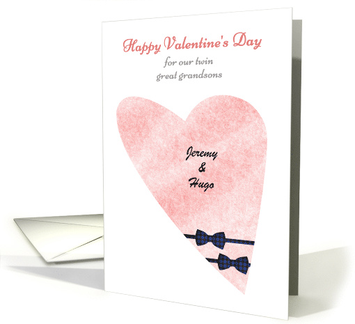Valentine's Day Twin Great Grandsons Pink Heart Patterned Bowtie card